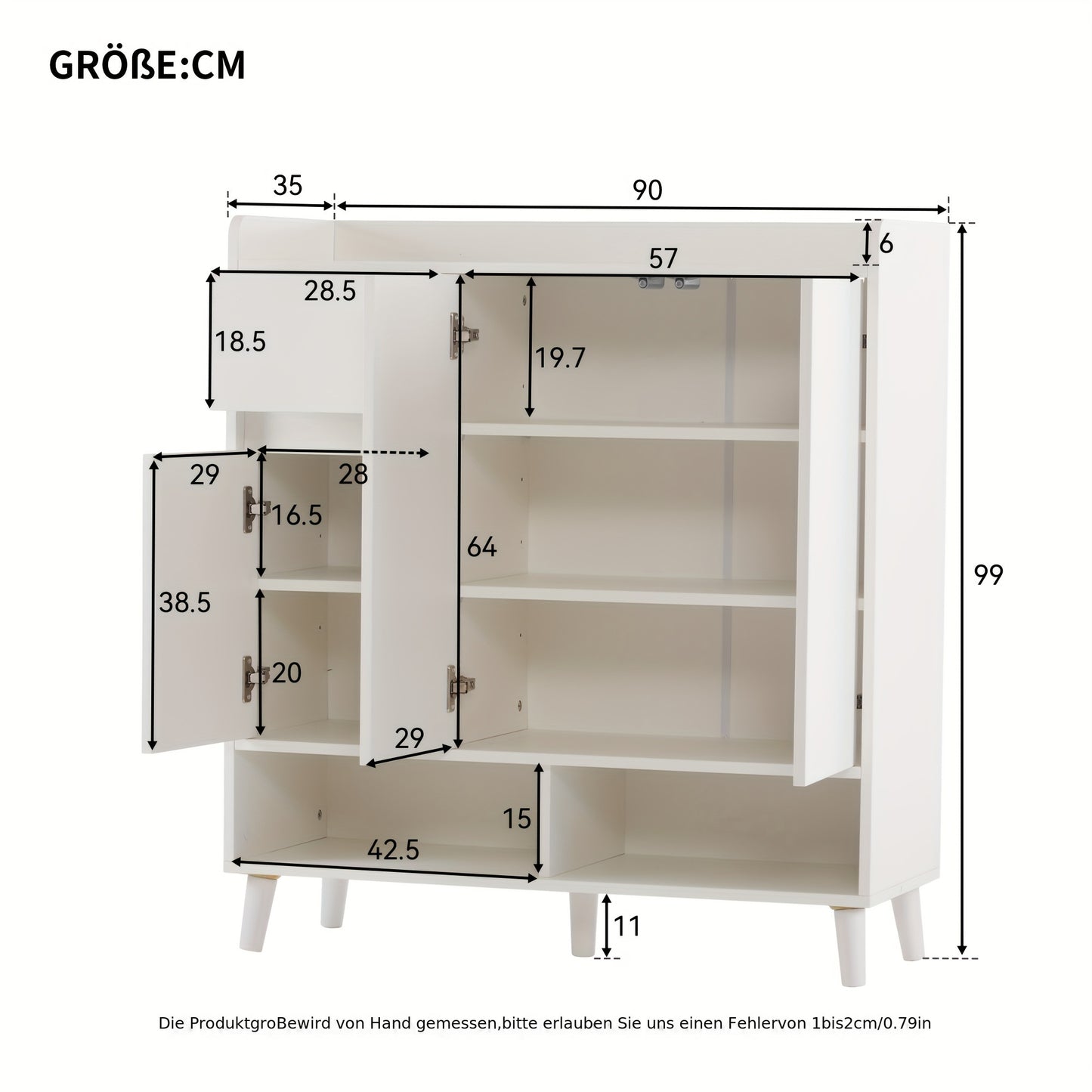 Dressoir – Ladekast – Opbergkast – Schoenenkast – Kast – Wit – Verstelbare Planken – Houten Poten – 90x99x35 cm