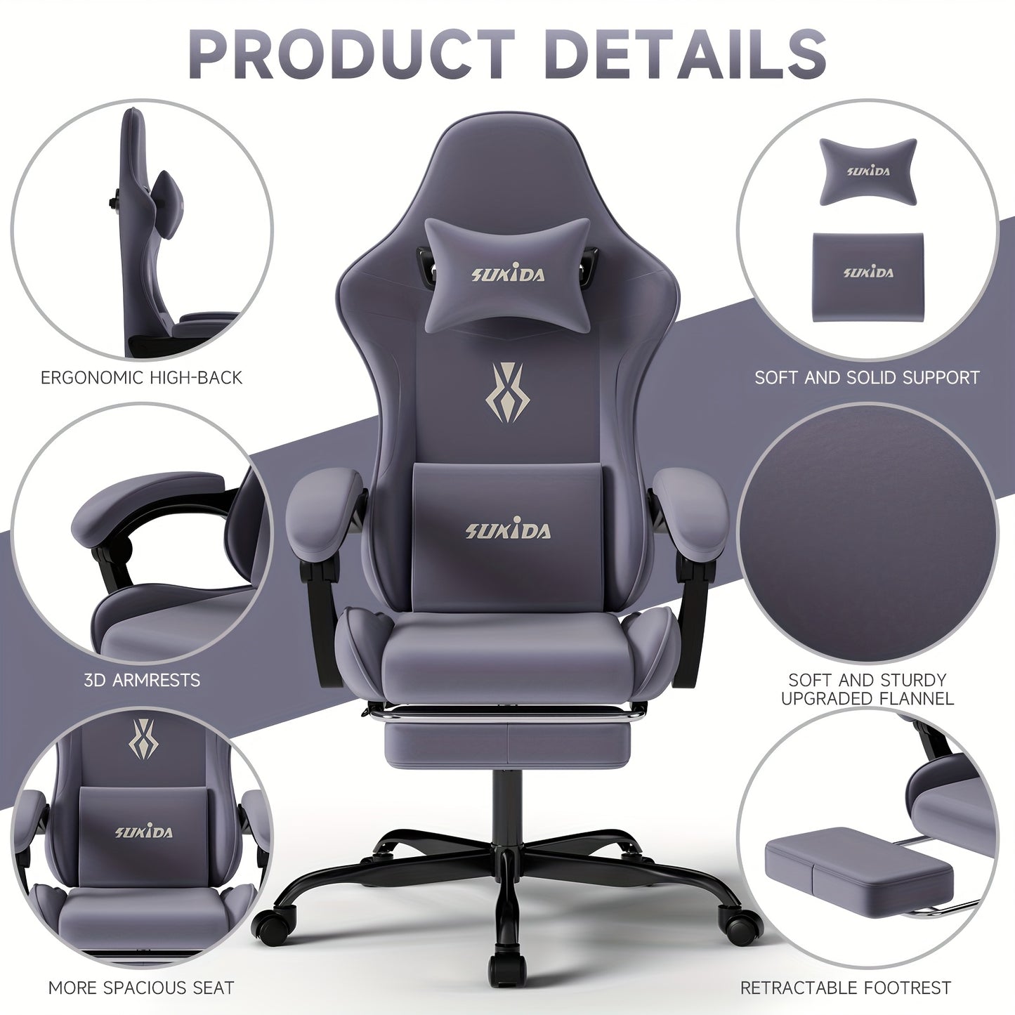 Ergonomische Gamingstoel – Bureaustoel – Gamechair – Zwarte Zitting – Racing Stoel – Handmatig Verstelbare Rugleuning 135° – Inklapbare Voetensteun en Vuilafstotende Stof