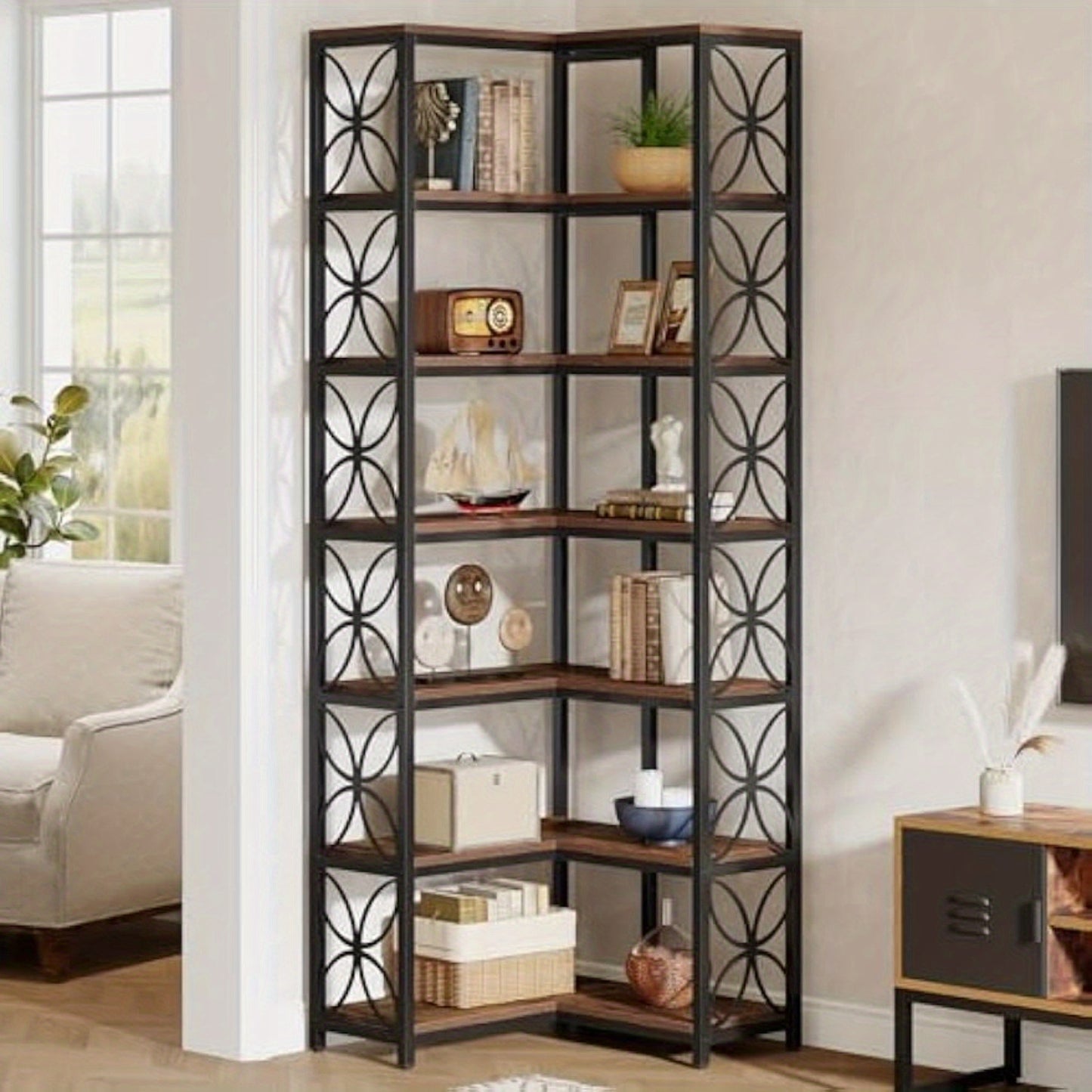 79-Inch Tall 7-Tier L-Shaped Corner Bookcase with Metal Frame - Heavy-Duty Freestanding Storage Shelf, Space-Saving Curved Design, Engineered Wood & Metal Construction, Contemporary Modern Style in Rustic Brown & Black for Li