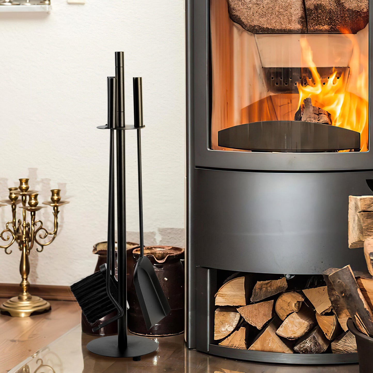 Haardset – Haardstel – Openhaard Set – Haardgereedschap – Houtkachel Set – 3-delig – Mat Zwart Staal