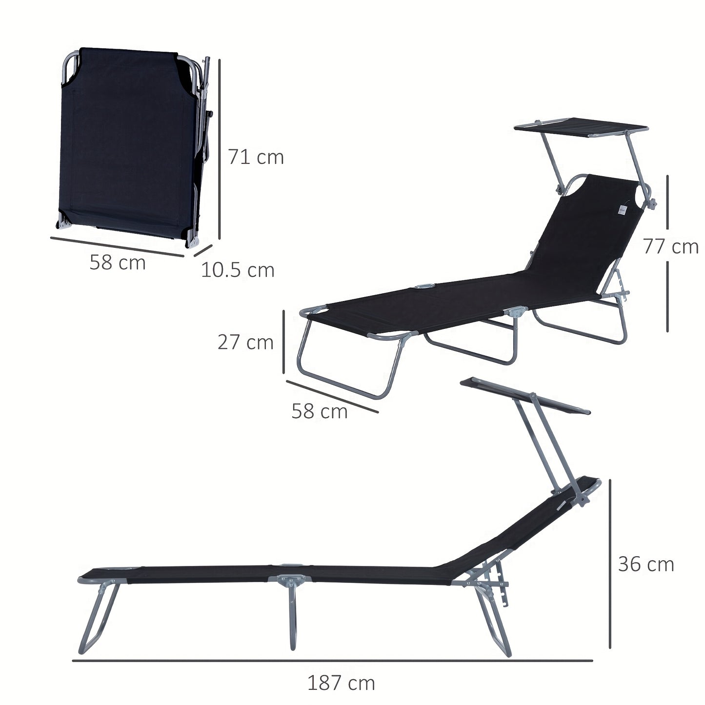 Ligstoel – Loungestoel – Ligbed – Zonnebed – Opvouwbare Tuinstoel – Extra Lang – Stevig Metaal Frame – Ingebouwd Zonnescherm – Comfortabel Polyester Kussen – Handmatig Verstelbaar – Zwart
