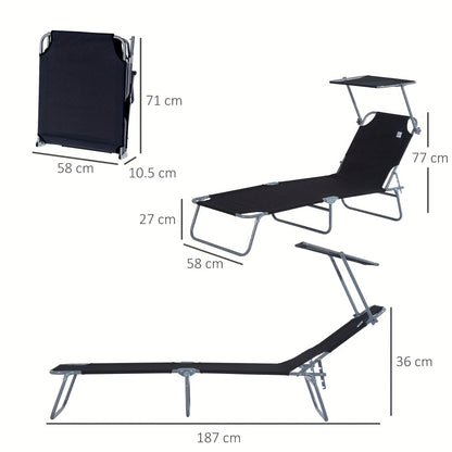 Ligstoel – Loungestoel – Ligbed – Zonnebed – Opvouwbare Tuinstoel – Extra Lang – Stevig Metaal Frame – Ingebouwd Zonnescherm – Comfortabel Polyester Kussen – Handmatig Verstelbaar – Zwart