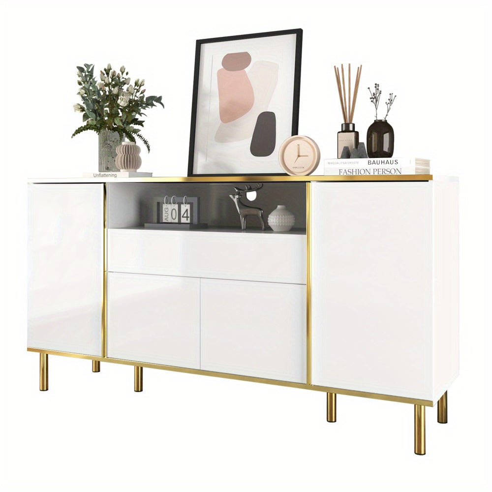 Dressoir – Sideboard – Kast – Opbergmeubel – Ladekast – Hoogglans Wit Met Gouden Accenten – 4 Deuren En 1 Lade – Ruime Opbergruimte – Compact Formaat 59x31x75 cm