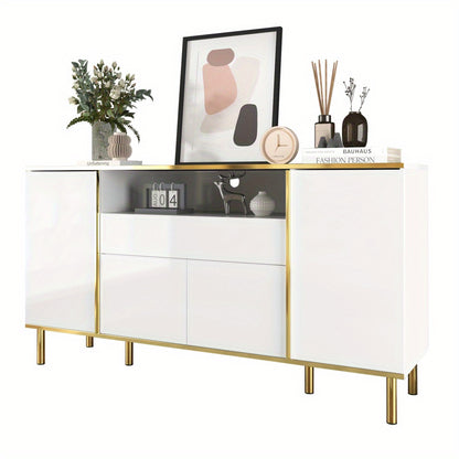 Dressoir – Sideboard – Kast – Opbergmeubel – Ladekast – Hoogglans Wit Met Gouden Accenten – 4 Deuren En 1 Lade – Ruime Opbergruimte – Compact Formaat 59x31x75 cm