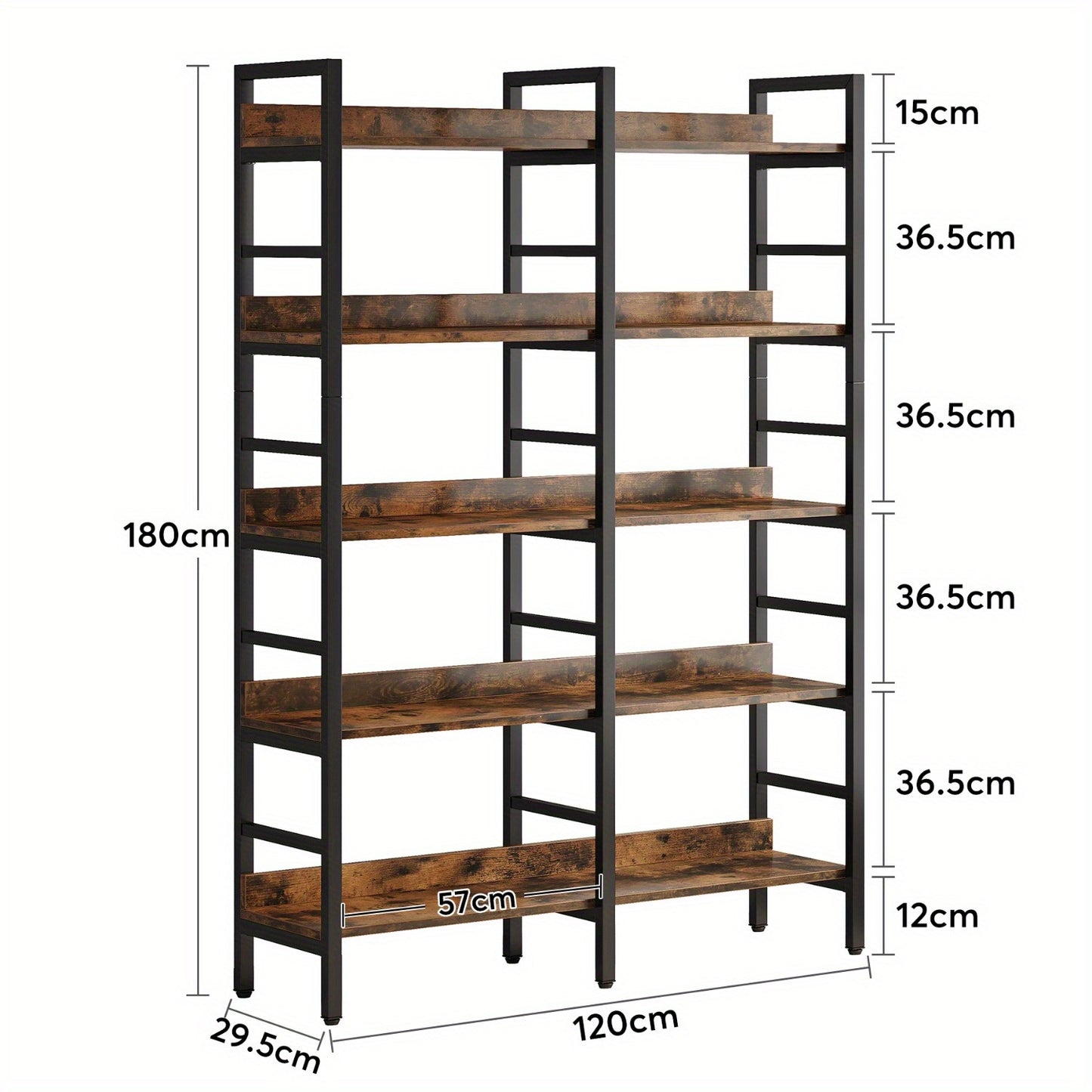180.34cm Tall Industrial 5-Tier Freestanding Bookshelf | Wooden Shelves with Wide Open Spaces, Large Storage for Books, CDs, Garage Kits, Christmas Holiday Style, Suitable for Bedroom, Living Room, Office - BYBLIGHT
