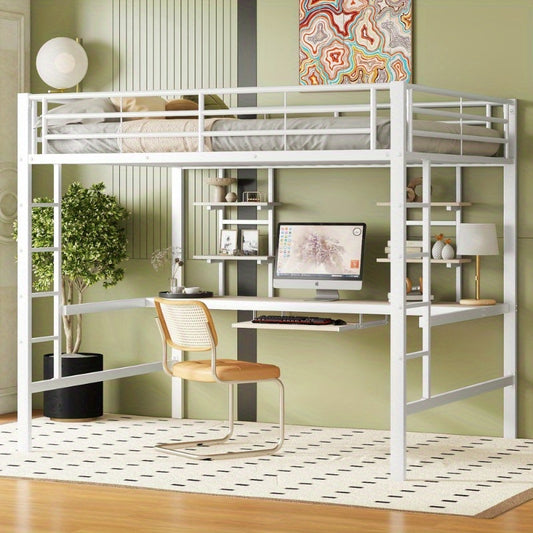 Hoogslaper – Stapelbed – Ligbed – Bed met Bureau – Bed met Planken – Stevig Metaalframe – Ruimtebesparend Ontwerp – 140x200 cm – Wit