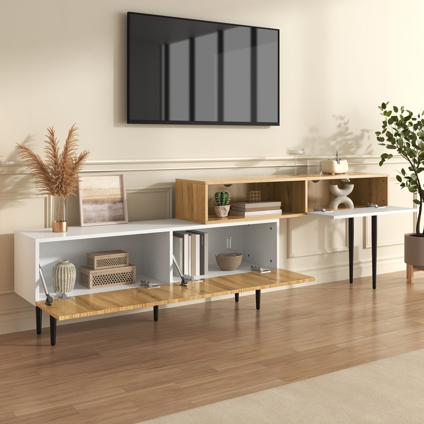 TV Meubel – TV Kast – TV Meubelkast – Lowboard – Mediameubel – Verstelbare Lengte – Modulaire Twee-delige Ontwerp – Zwarte Metalen Poten – Warme Bruine Afwerking