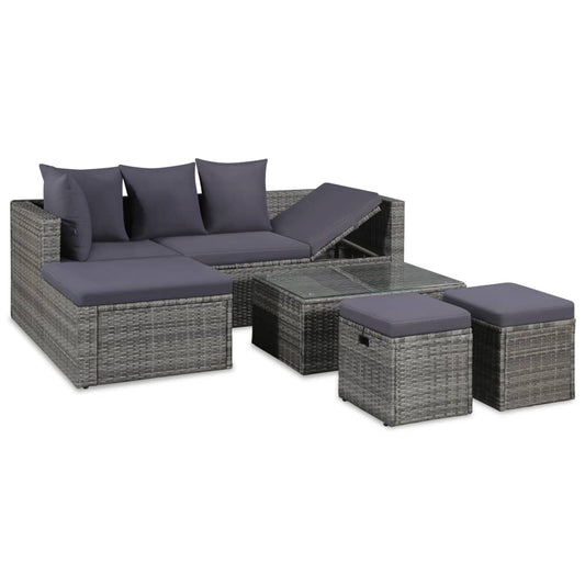 Loungebank – Loungeset – Hoekbank – Bank – Tuinbank – Grijs – 4-delig – Weerbestendig PE-rattan – Verstelbare Hoek