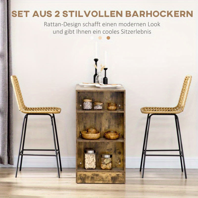 Boho Barstoelen – Barkrukken – Hoge Stoelen – Zitkrukken – Keukenstoelen – PE Rotan Vlechtwerk – Met Voetensteun – Kussen – Zwarte Metalen Poten – Set Van 2 – Mosterdgeel – Ruimtebesparend – Eenvoudige Montage