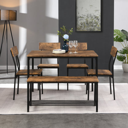 Eettafelset – 6-Delige Diningset – Stoelenset – Bank En Tafel – Houten Eettafel – Industrieel Design – Duurzaam MDF En Stalen Frame – Compact Met Opbergruimte