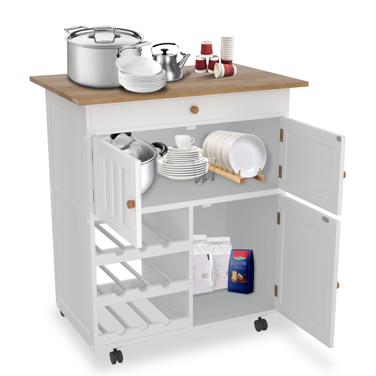 Keukentrolley – Serveerwagen – Keukenwagen – Opbergtrolley – Rolwagen – Met Lade & Handdoekhouder – Metalen Frame – 150 kg Draagkracht – 85x70x40 cm – Wieltjes Met Rem – Wit