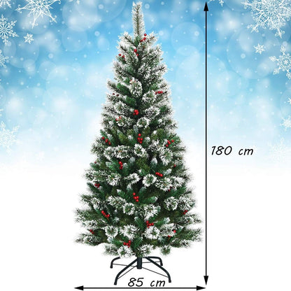Kunstkerstboom – Nepspar – Kunstboom – Kerstboom – Tafelkerstboom – Met Sneeuweffect en Rode Bessen – Stevige Metalen Standaard