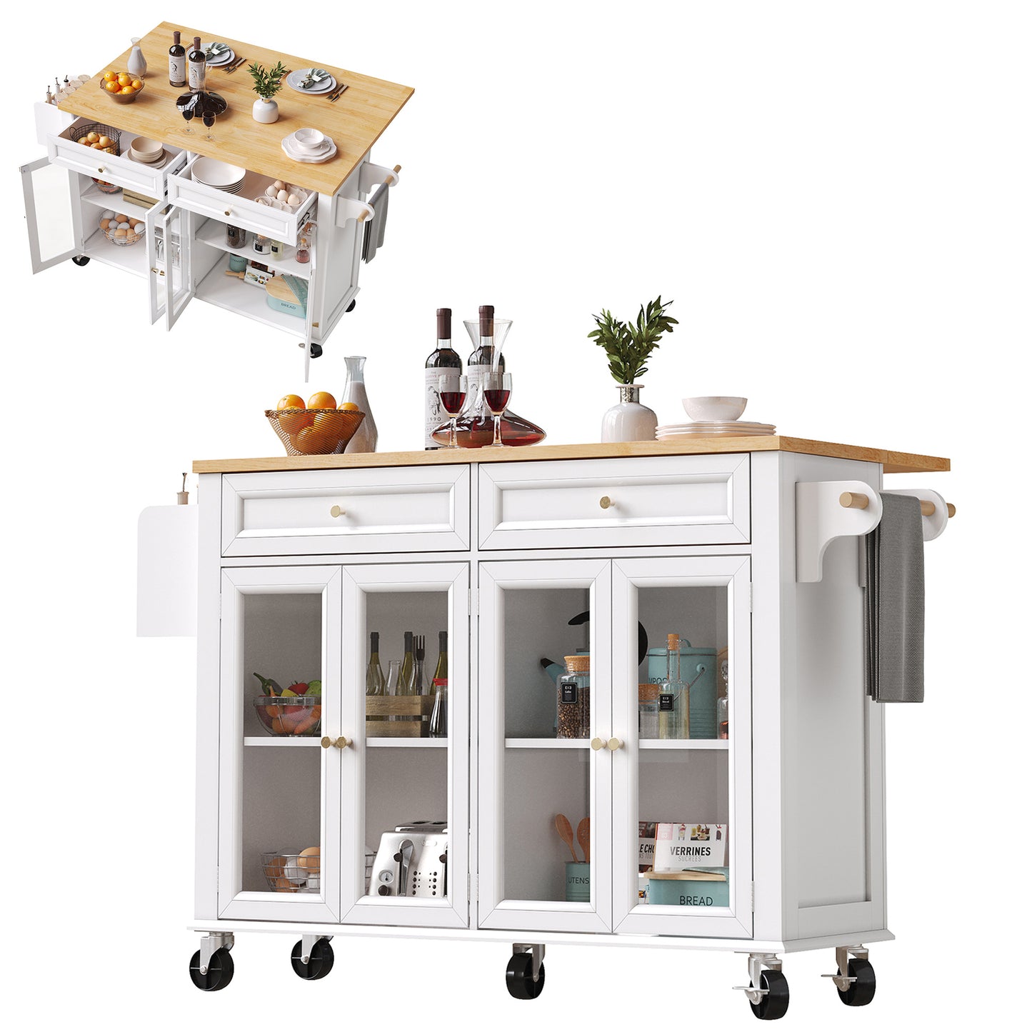 Keukeneiland op Wielen – Serveerwagen – Werktafel – Buffetkast – Opbergmeubel – Wit – Met Glazen Deuren – 5 Zwenkwielen Met Remmen – Verstelbare Planken en Lade
