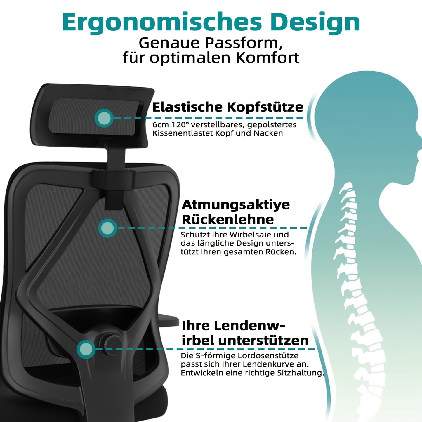 Ergonomische Bureaustoel – Bureaustoel Kantoorstoel Werkstoel Draaistoel – Variant A – Verstelbare Rugleuning 90-135° – 3D Lendensteun Met Memory Foam Zitting