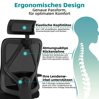 Ergonomische Bureaustoel – Bureaustoel Kantoorstoel Werkstoel Draaistoel – Variant A – Verstelbare Rugleuning 90-135° – 3D Lendensteun Met Memory Foam Zitting