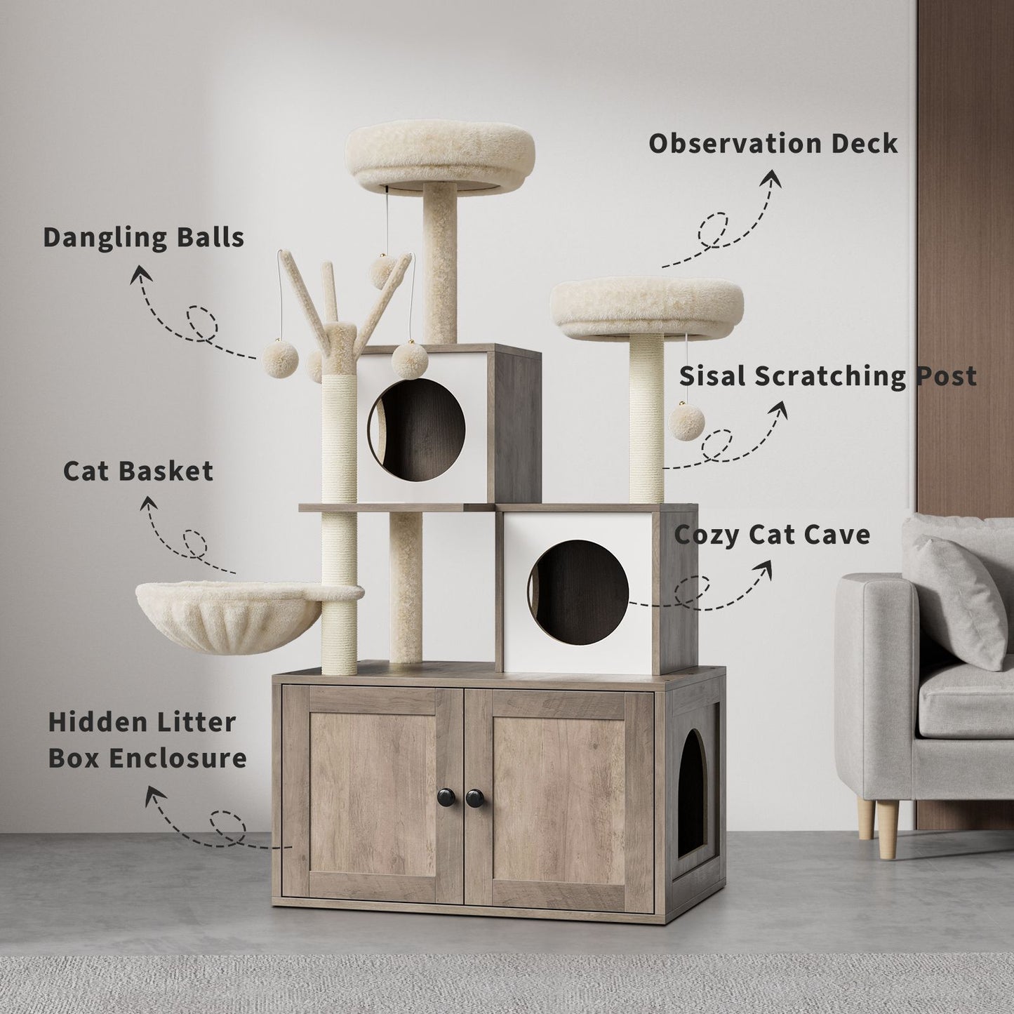 Kattenmeubel – Kattenbakkast – Kattenklimtoren – Krabpaal – Kattenhuis – Multi-level Design – Verstopte Kattenbakruimte – Spaanplaat Natuurlijke Eikenlook