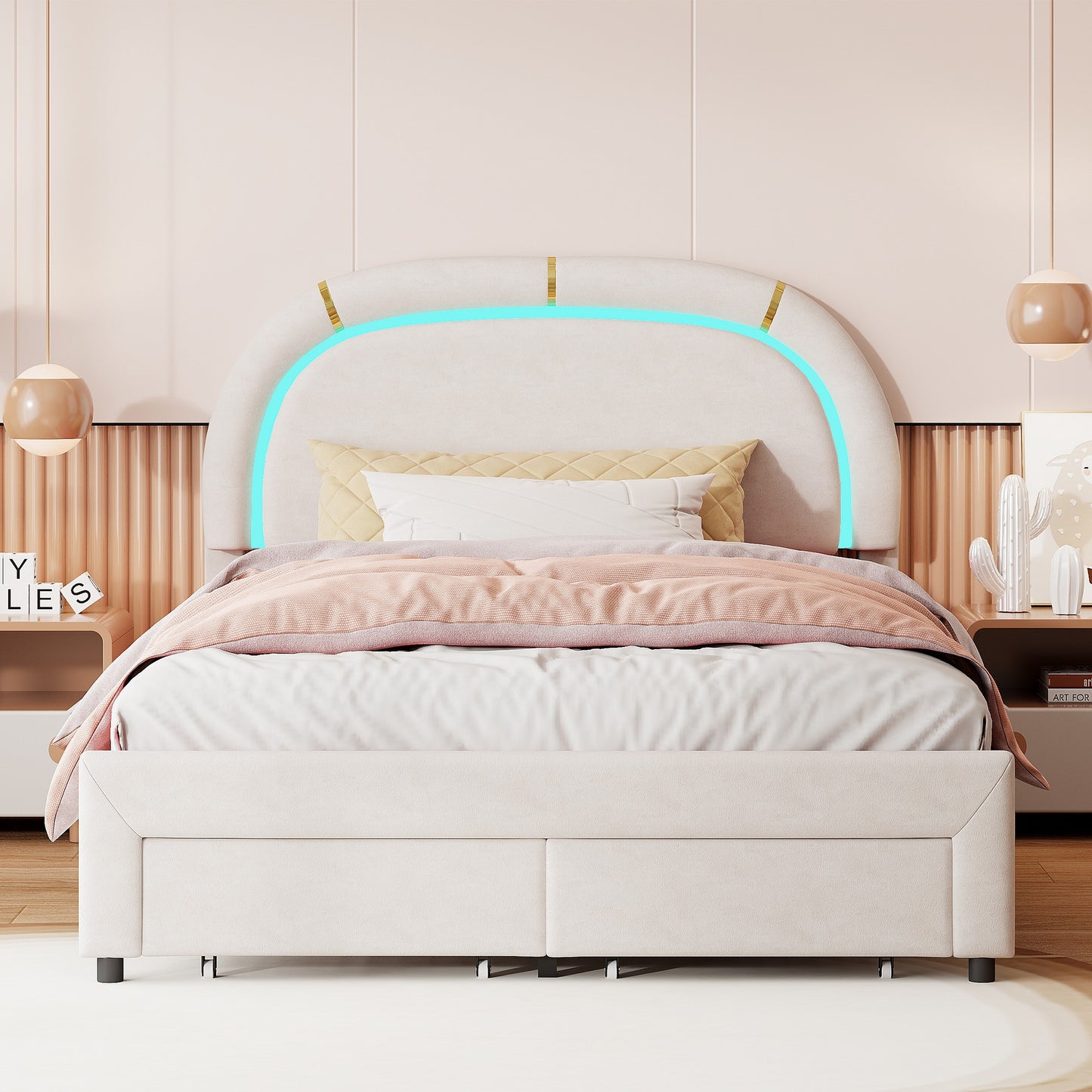 Upholstered Bed 140x200, Double Bed with Semi-Round Headboard, Adjustable Headboard, Storage Bed with 2 Drawers, Bed with Slatted Base, Single Bed, Beige