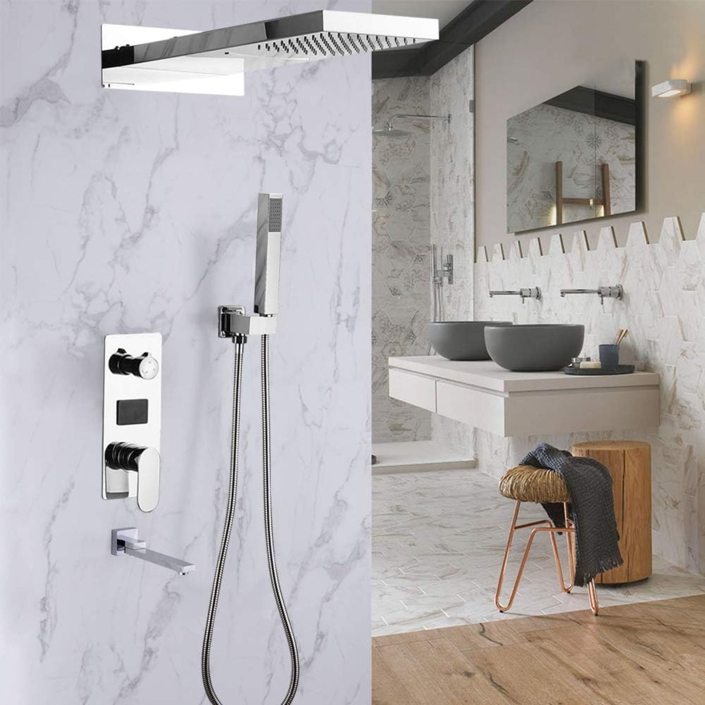 Inbouw Douche Systeem – Douche Set – Regendouche – Handdouche – Muurmontage – Zilverkleurig – Keramische Mengkraan – Roestvrijstalen Handdoucheslang 150 cm