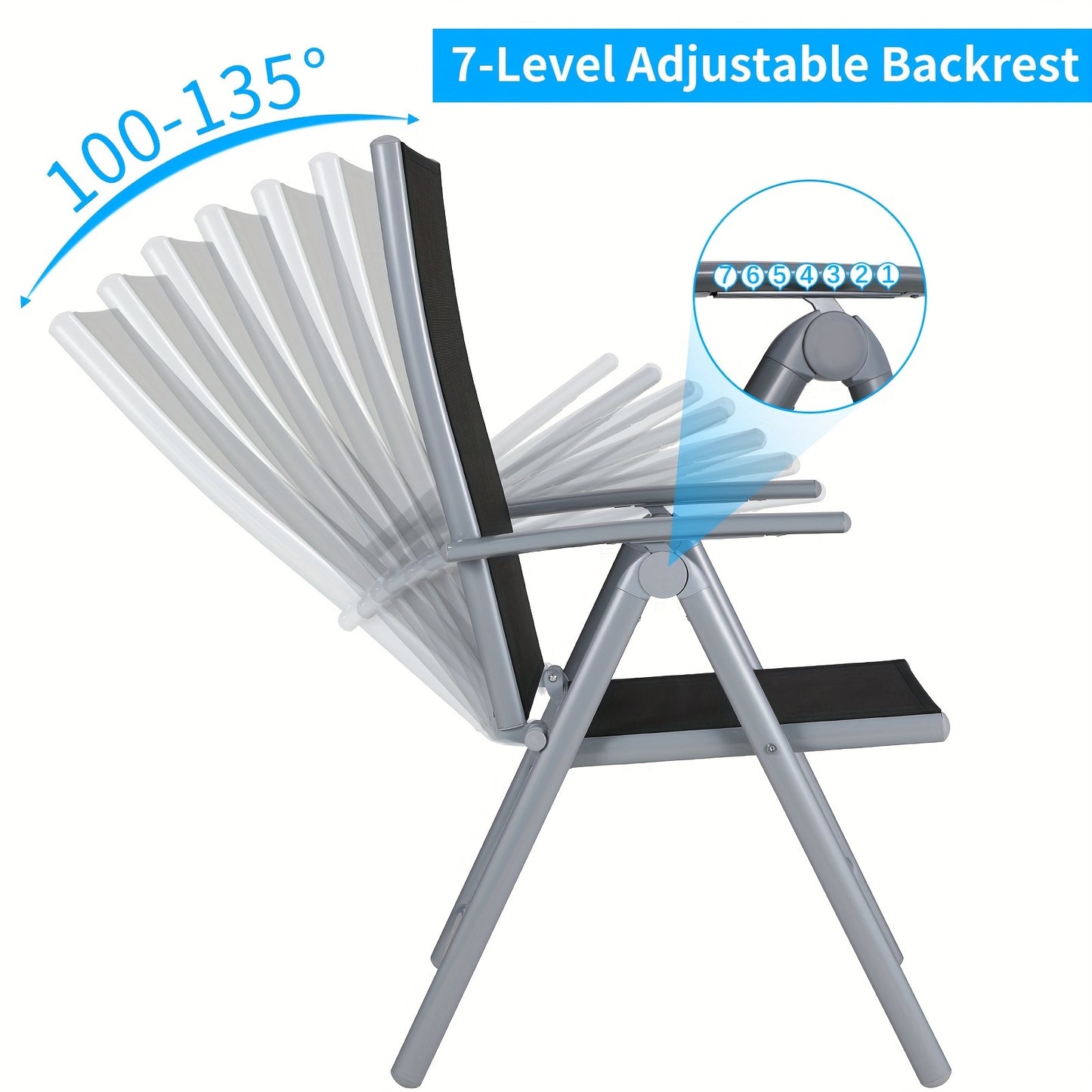 Opvouwbare Stoel – Klapstoel – Campingstoel – Tuinstoel – Lichtgewicht Stoel – Aluminium Frame – Manueel Verstelbare Rugleuning – Zilvergrijs Zwart