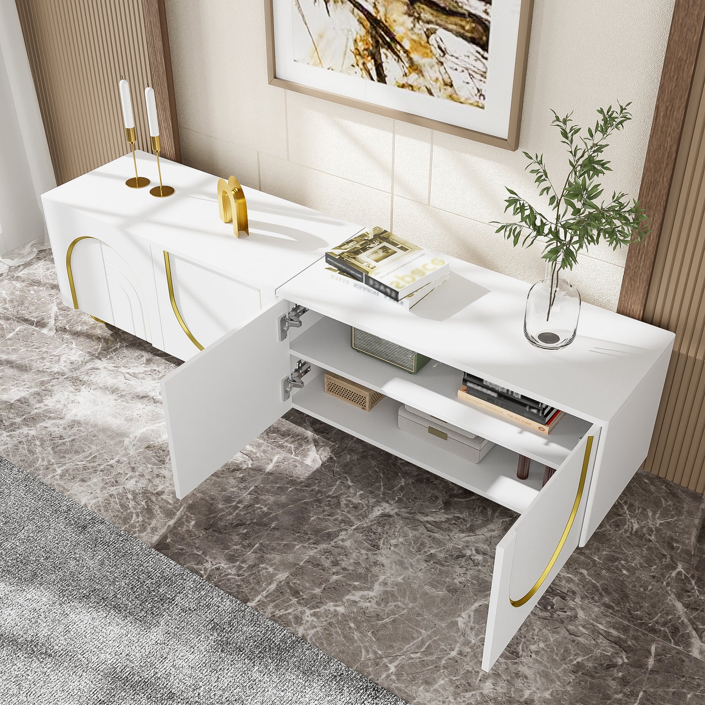 TV Meubel – Lowboard – TV Kast – Sideboard – Mediameubel – Wit Goud – Push-Open Deuren – 170x38x44 cm