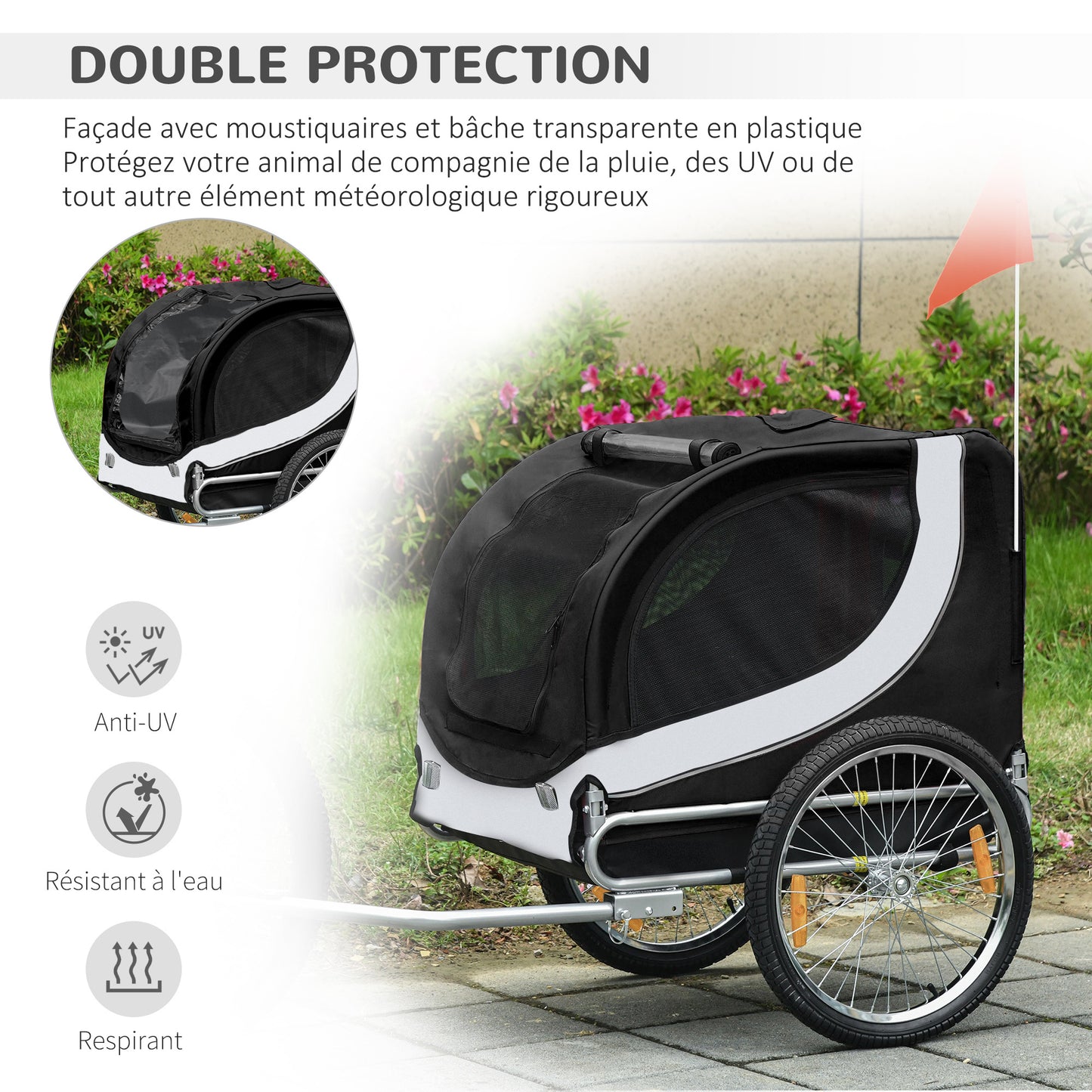 Fietskar voor Honden – Hondentrailer – Hondenwagen – Fietsaanhanger – Huisdierkar – Veiligheidssysteem met Reflectoren – Weerbestendige Beschermhoes – Wit