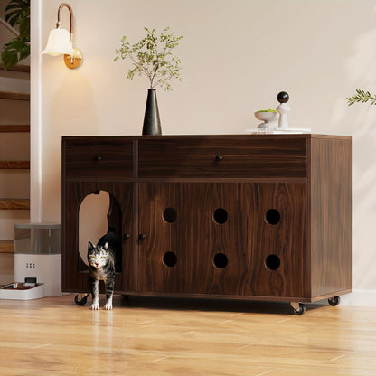 Bijzettafel Kat – Kattentafel – Dierenmeubel – Opbergmeubel – Rattan Tafeltje Bruin – Uitneembare Kattenbaklade – Compact Voor Kleine Ruimtes