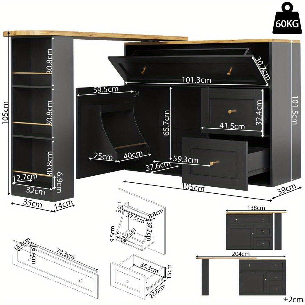 Keukenbar – Bartafel – Keukeneiland – Buffetkast – Barmeubel – Zwart – Uitschuifbare Hoge Tafel – Duurzaam Niet-Houten Materiaal