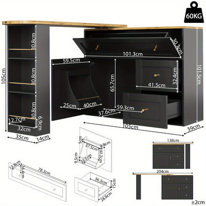 Keukenbar – Bartafel – Keukeneiland – Buffetkast – Barmeubel – Zwart – Uitschuifbare Hoge Tafel – Duurzaam Niet-Houten Materiaal