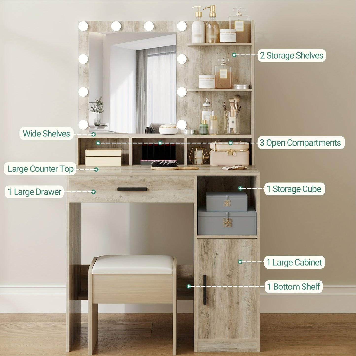 Make-up Tafel – Kaptafel – Schminktafel – Vanity Table – Make-up Bureau – Greige Kleur – 10 LED Verlichting Met 3 Dimbare Standen – 3 Open Planken & 4 Vakken Met Grote Lade
