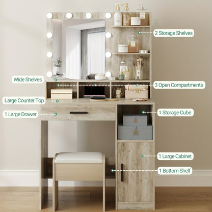 Make-up Tafel – Kaptafel – Schminktafel – Vanity Table – Make-up Bureau – Greige Kleur – 10 LED Verlichting Met 3 Dimbare Standen – 3 Open Planken & 4 Vakken Met Grote Lade