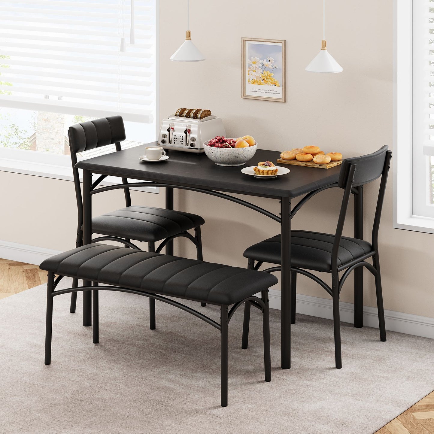 Eettafelset – Eettafel – Stoelen – Bankje – Diningset – Zwart – Compact Formaat – Hardhouten Frame