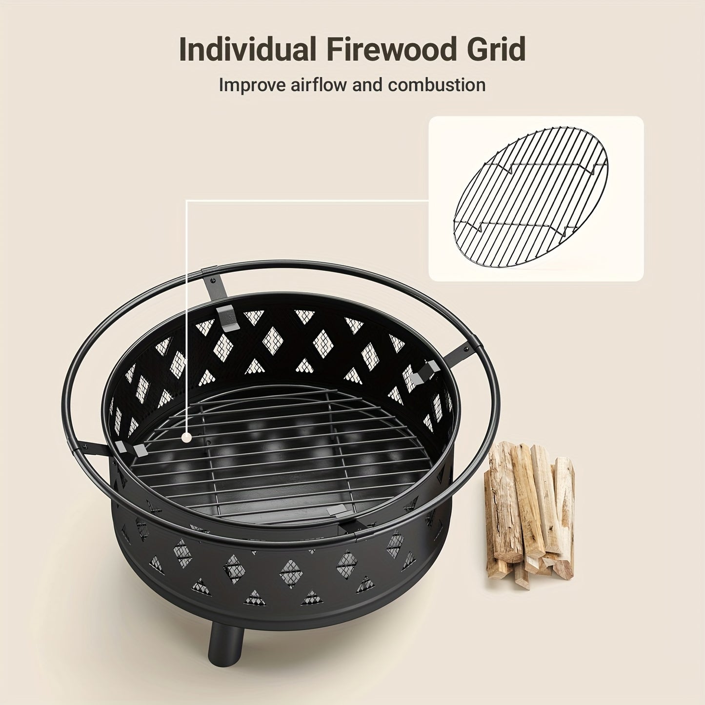 Vuurkorf – Tuinhaard – Buitenhaard – Terrashaard – Barbecuekorf – Zwart – Diameter 76 cm – Inclusief Grill en Sprankelvanger