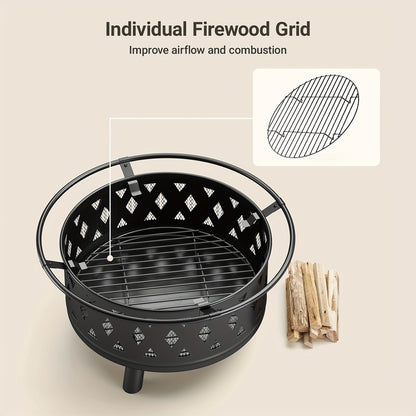 Vuurkorf – Tuinhaard – Buitenhaard – Terrashaard – Barbecuekorf – Zwart – Diameter 76 cm – Inclusief Grill en Sprankelvanger