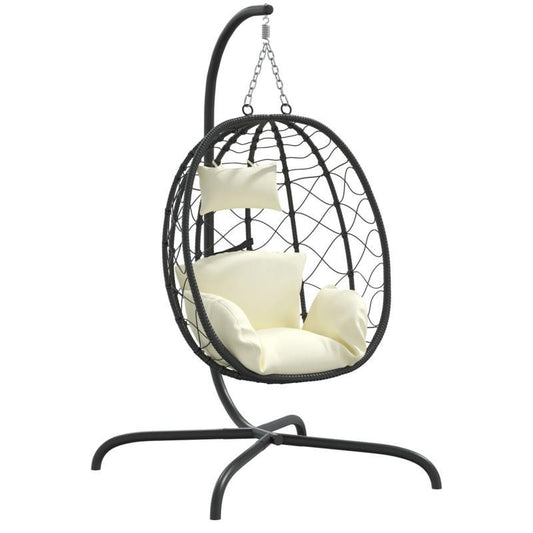 Hangstoel – Schommelstoel – Hangstoel Met Frame – Hangmand – Lounge Stoel – Crème Wit Polyrattan – Staal Frame – Inclusief Comfortkussen