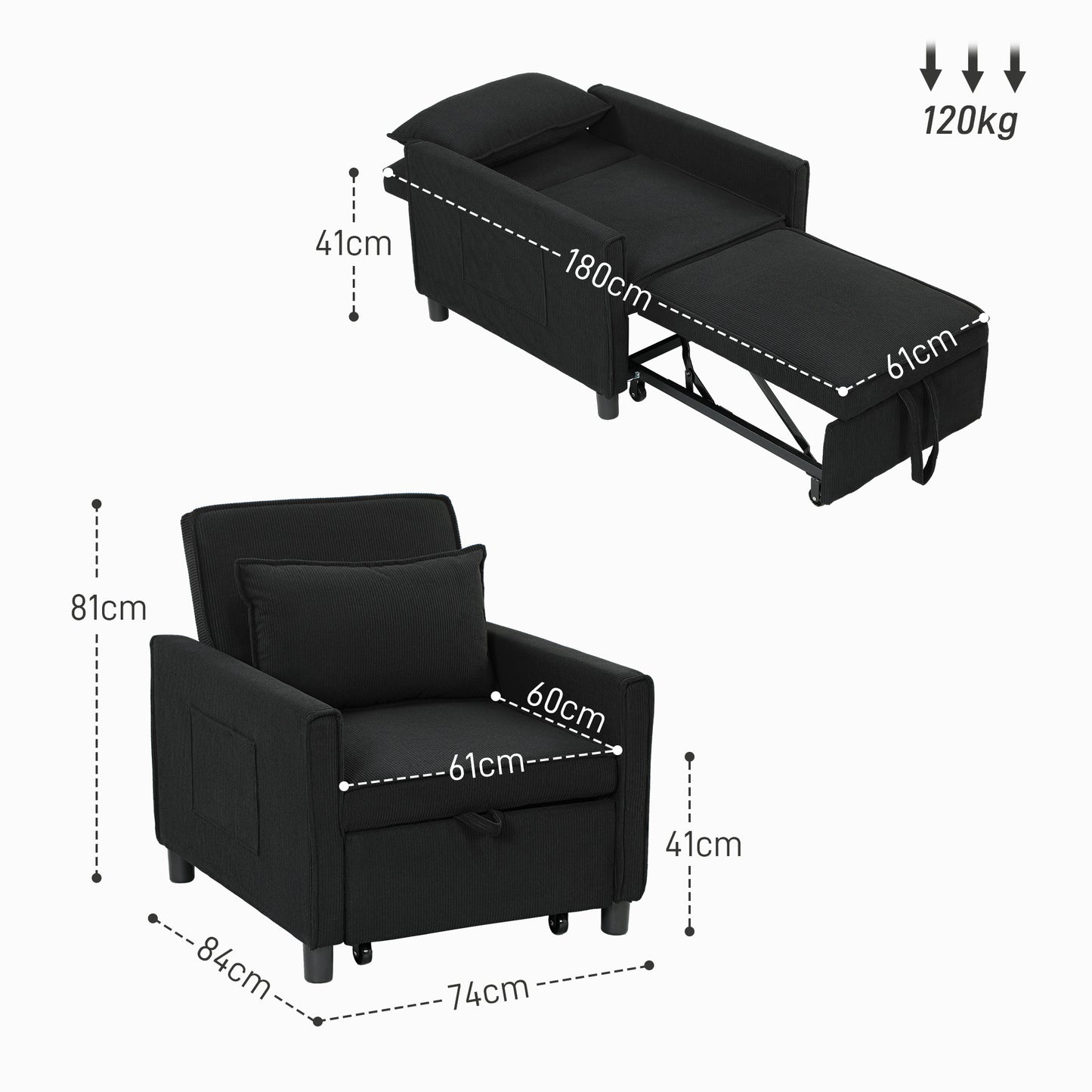 Slaapstoel – Slaapbank – Logeerbed – Slaapfauteuil – Vouwbed – Verstelbare Rugleuning – Cordstof Bekleding – Met Wieltjes en Zijvak – Blauw