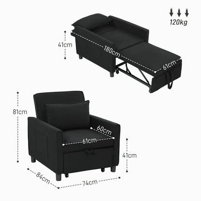 Slaapstoel – Slaapbank – Logeerbed – Slaapfauteuil – Vouwbed – Verstelbare Rugleuning – Cordstof Bekleding – Met Wieltjes en Zijvak – Blauw