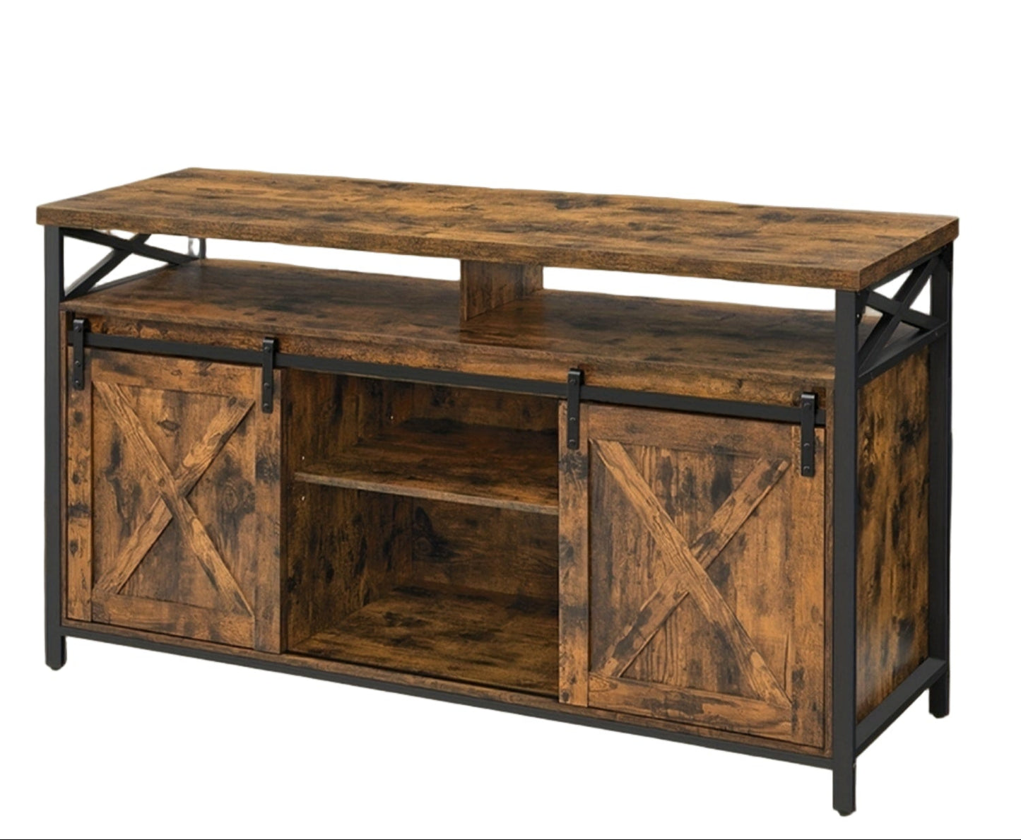 Stand Cabinet, 165.1 cm TV Stand, with Adjustable Shelves, Barn Doors, Farmhouse Design, Metal Frame