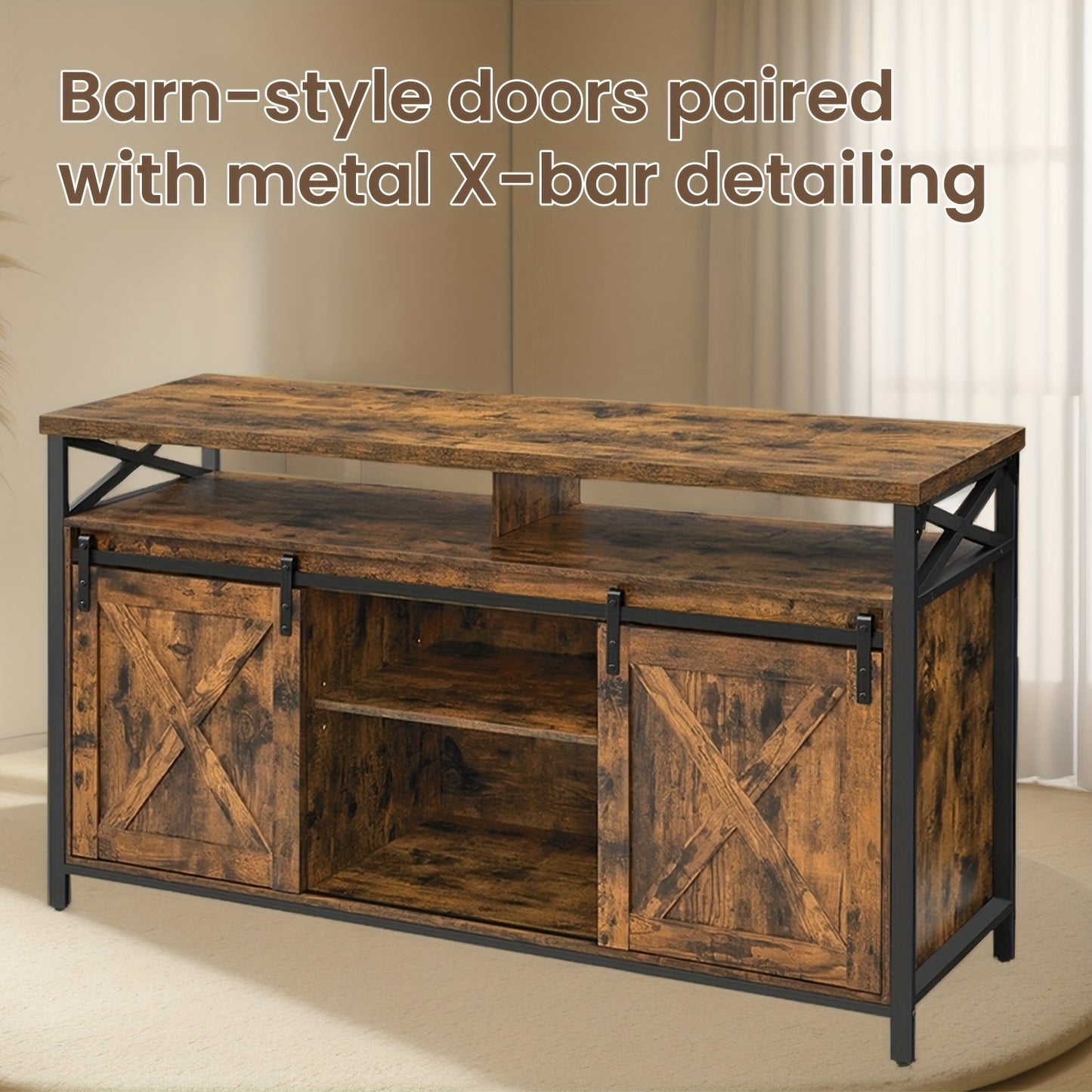 TV Meubel – Tv Kast – Tv Stand – Mediameubel – Opbergmeubel – Geelbruin – 165,1 cm Breed – Verstelbare Planken – Hardhouten Afwerking – Metalen Frame – Schuifdeuren Landelijke Stijl – Eenvoudige Montage
