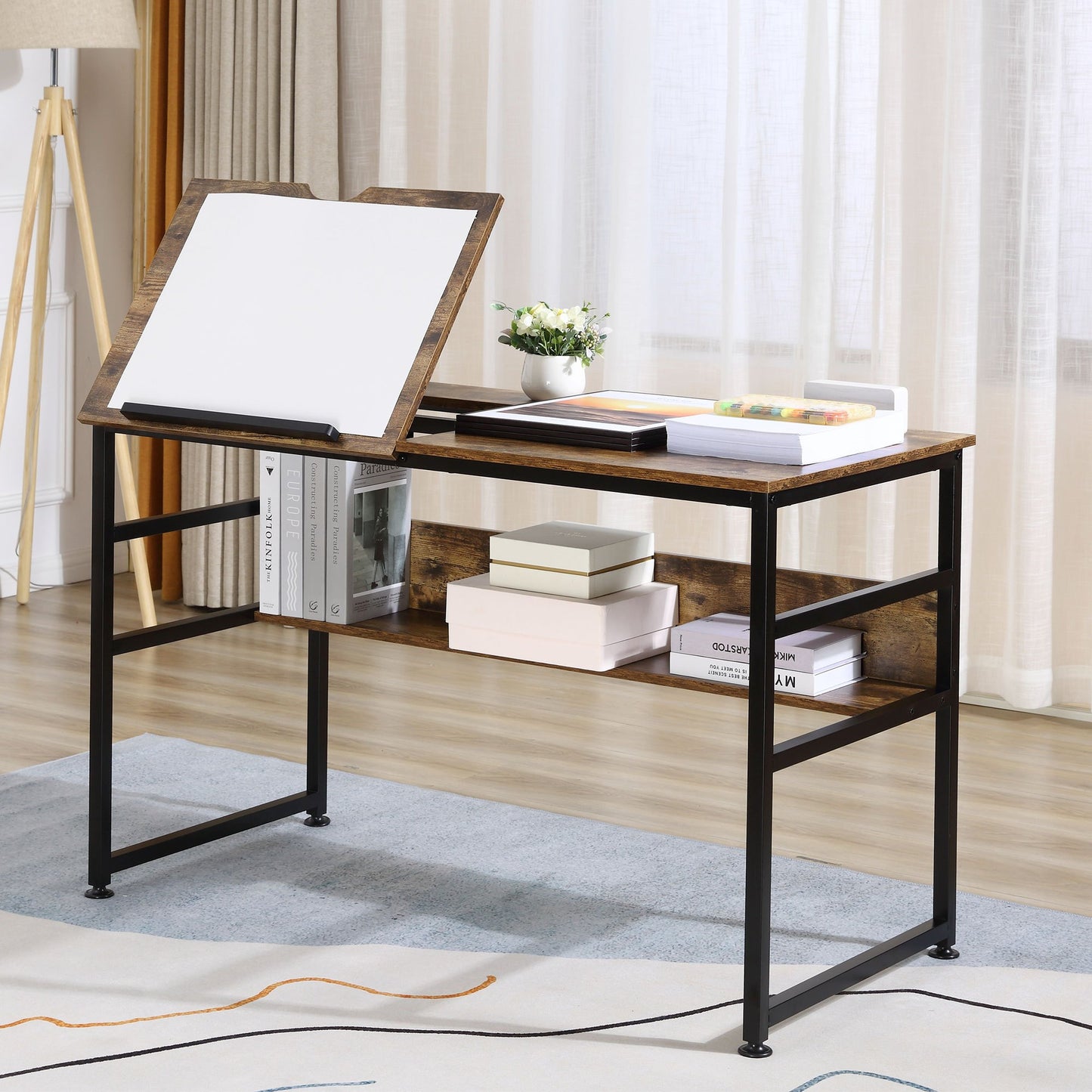 Industriële Bureautafel – Bureau – Werktafel – Computerbureau – Tekentafel – Rustiek Bruin – Kantelbaar Werkblad – Handige Opbergruimte