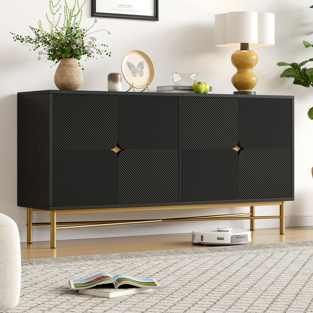 Extra Lange Kast – Dressoir – Sideboard – Opbergkast – Vitrinekast – 160 cm Breed – Zwart Spaanplaat – Vrijstaand Ontwerp – Gouden Handgrepen & Poten