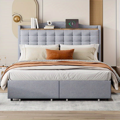 Bedframe – Bed – Bedombouw – Bedstel – Bedbodem – 140x200 cm – Duurzame Niet-Houten Constructie – Gestoffeerd Grijs Linnen