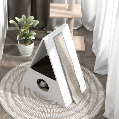 Kattenhuis – Kattenmand – Kattenhol – Kattenhut – Kattenverblijf – 2 Verdiepingen Met Matten – 4 Sisal Krabpalen – Hout – Wit-Beige