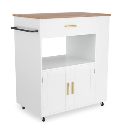 Kitchen Trolley on Wheels with Bottle Rack, Side Shelves And Cabinet with Soft-Close Hinges, Kitchen Cabinet with Towel Rack And Rubberwood Top
