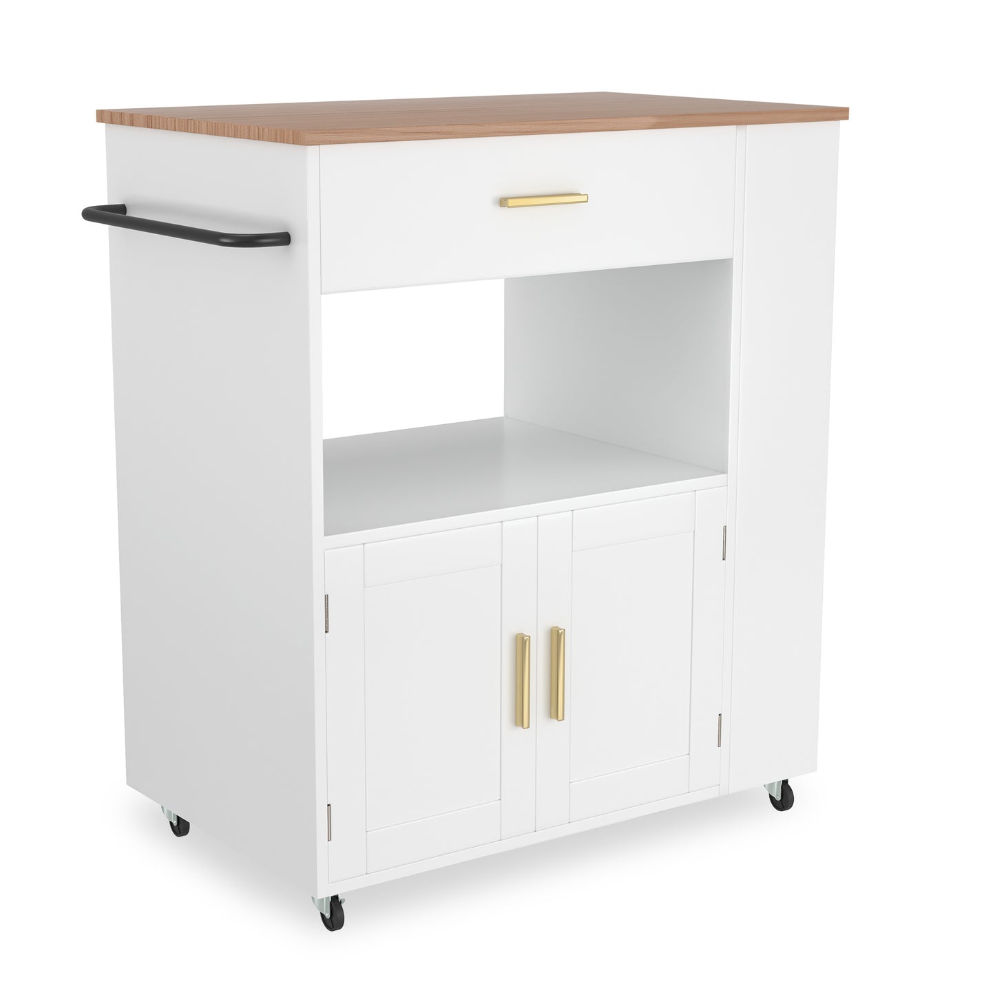 Keukentrolley – Serveerwagen – Opbergtrolley – Keukenrek – Keukenkast – Met Wielen – Rubberwood Werkblad – Soft-Close Kastje Met Handdoekhouder - 81 x 46 x 89 cm - Wit-Bruin