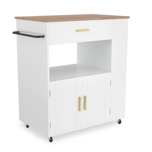 Keukentrolley – Serveerwagen – Opbergtrolley – Keukenrek – Keukenkast – Met Wielen – Rubberwood Werkblad – Soft-Close Kastje Met Handdoekhouder - 81 x 46 x 89 cm - Wit-Bruin