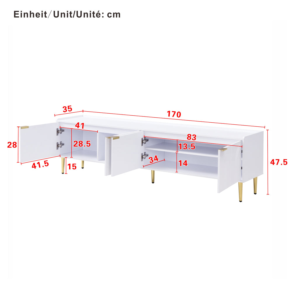 TV Cabinet | Low Unit with Textured Doors, Golden Handles, and Golden Feet | Optimal Storage for Audio-Visual Equipment, Games Consoles, Books, or Decorative Items | Keeps Belongings Efficiently Organized and Tidy | Metal Mat