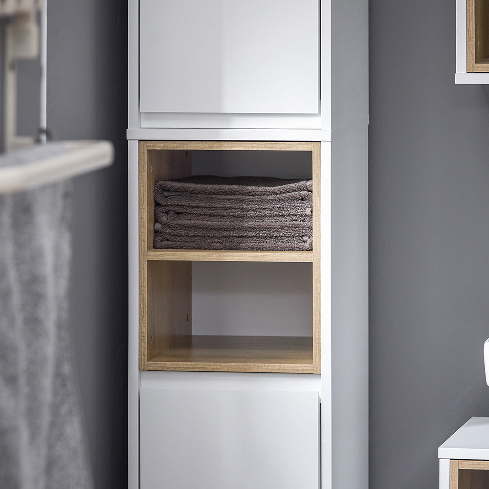 Badkamerkast – Kolomkast – Opbergkast – Wastafelonderkast – Hoge Kast – Smal Design – MDF & Spaanplaat – 30x170x30 cm – Wit – 2 Deuren en 2 Open Vakken