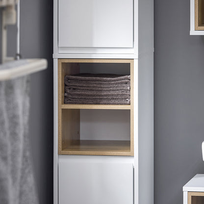 Badkamerkast – Kolomkast – Opbergkast – Wastafelonderkast – Hoge Kast – Smal Design – MDF & Spaanplaat – 30x170x30 cm – Wit – 2 Deuren en 2 Open Vakken
