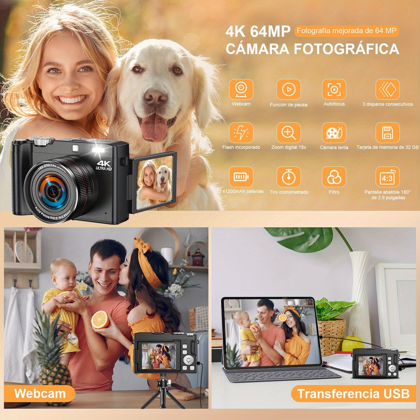 Digitale Camera – Vlogcamera – Fotocamera – Reiscamera – Compacte Camera – 64MP Beeldkwaliteit – 18x Zoom Met Autofocus