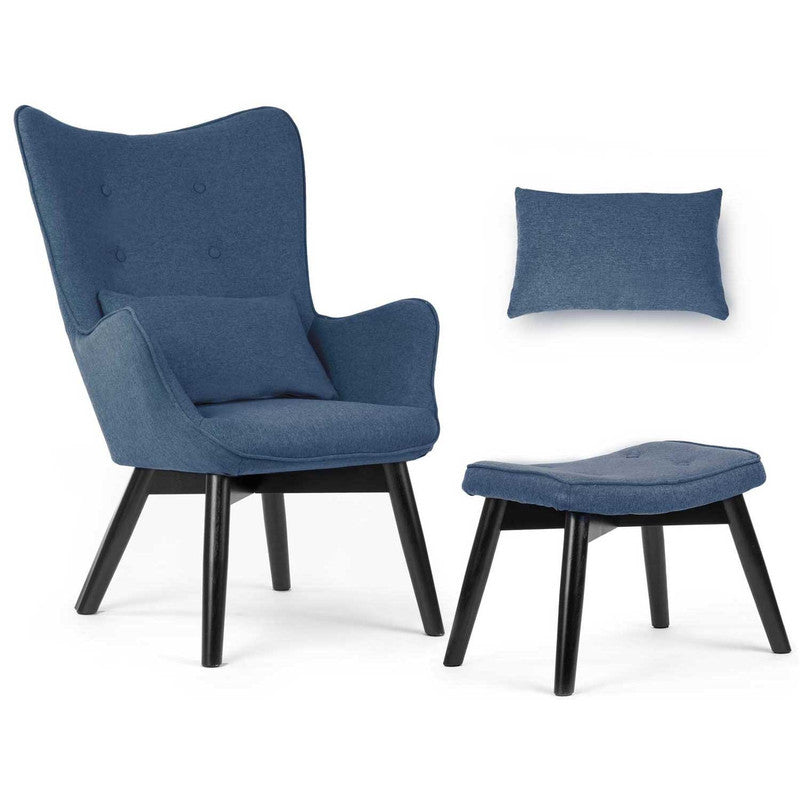 Fauteuil – Armstoel – Relaxstoel – Zetel – Sessel – Blauw Stof – Beukenhouten Poten – Inclusief Voetenbank